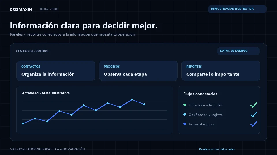 Vista previa ilustrativa: Paneles y reportes